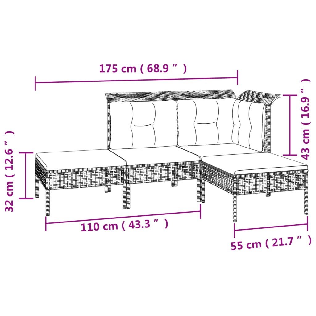 vidaXL 4-delige Loungeset met kussens poly rattan grijs