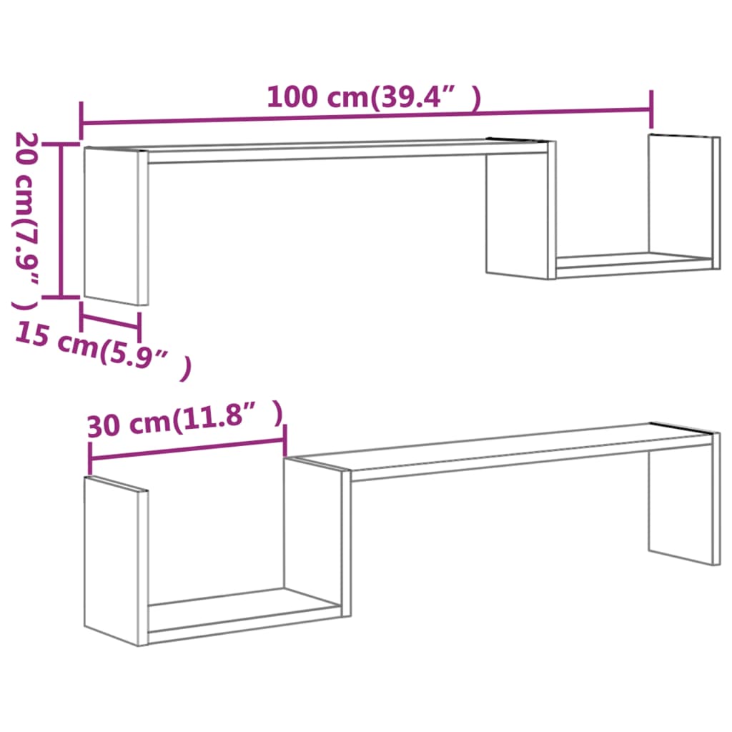 vidaXL Wandschappen 2 st 100x15x20 cm bewerkt hout grijs sonoma eiken