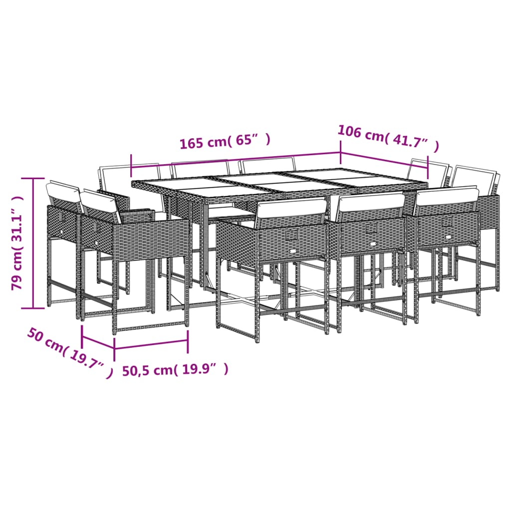 vidaXL 11-delige Tuinset met kussens poly rattan gemengd beige