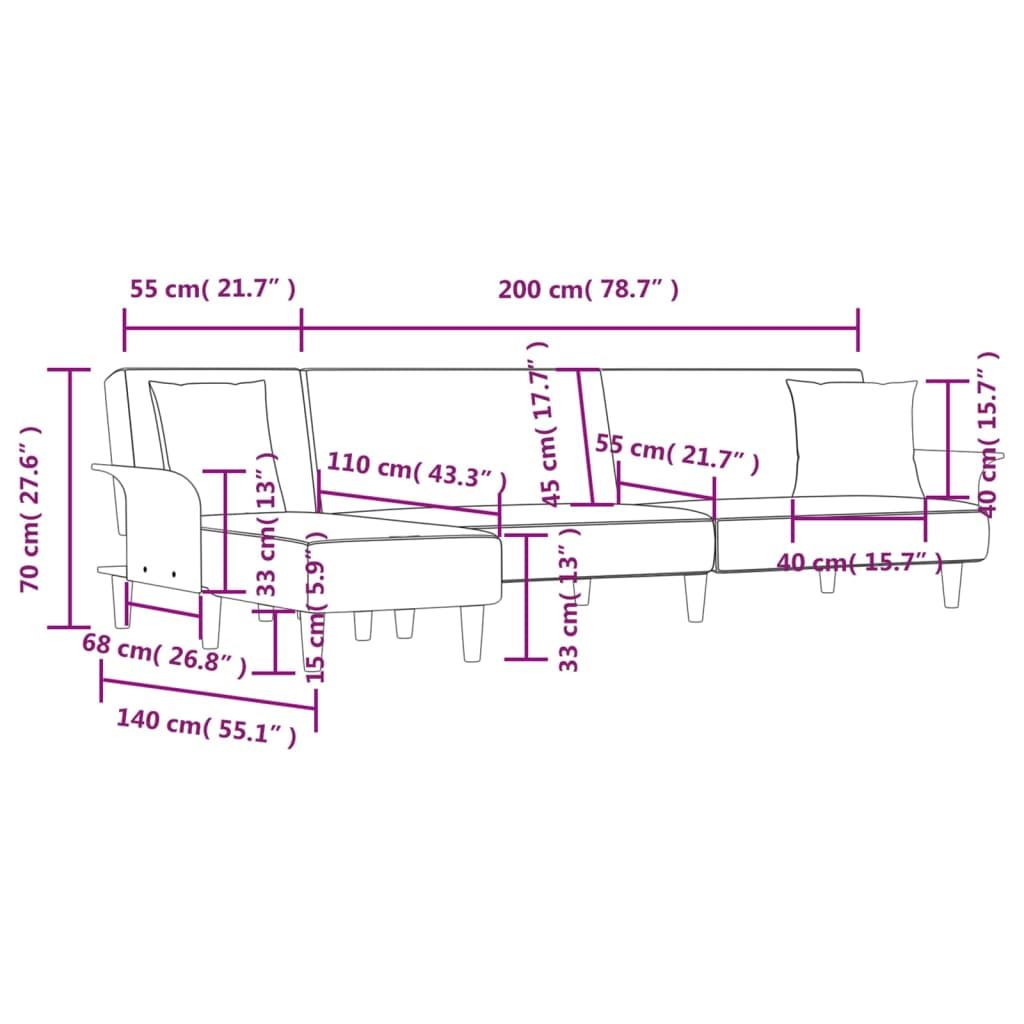 vidaXL Slaapbank L-vormig 279x140x70 cm stof donkergrijs