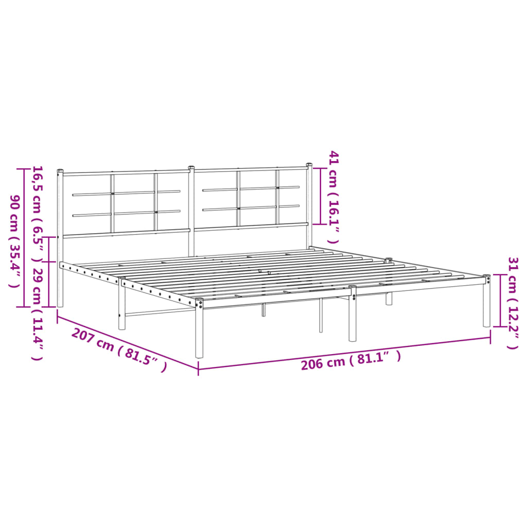 vidaXL Bedframe met hoofdbord metaal zwart 200x200 cm