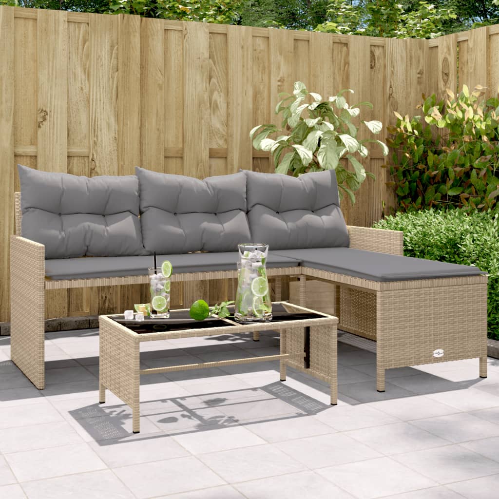 vidaXL Tuinbank met tafel en kussens L-vormig poly rattan beige