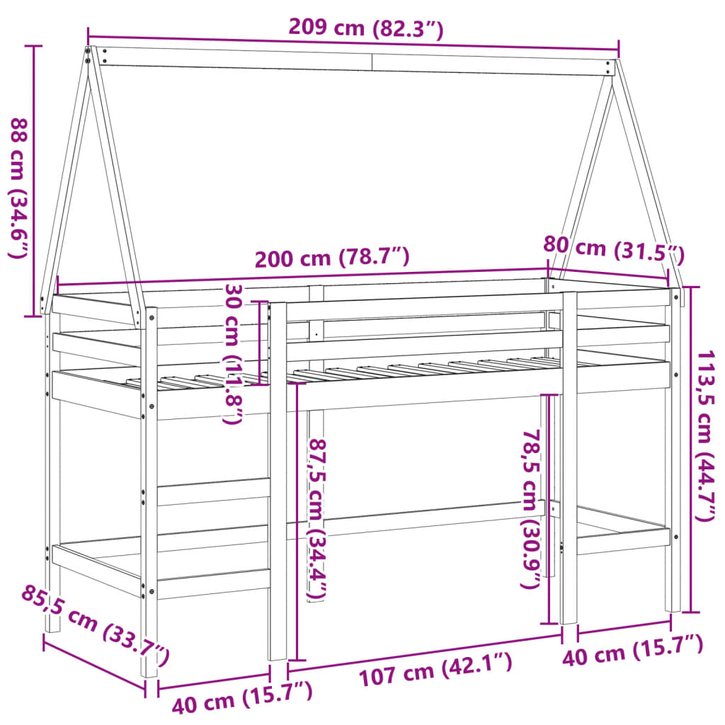 vidaXL Halfhoogslaper met ladder en bedhuis grenenhout 80x200 cm