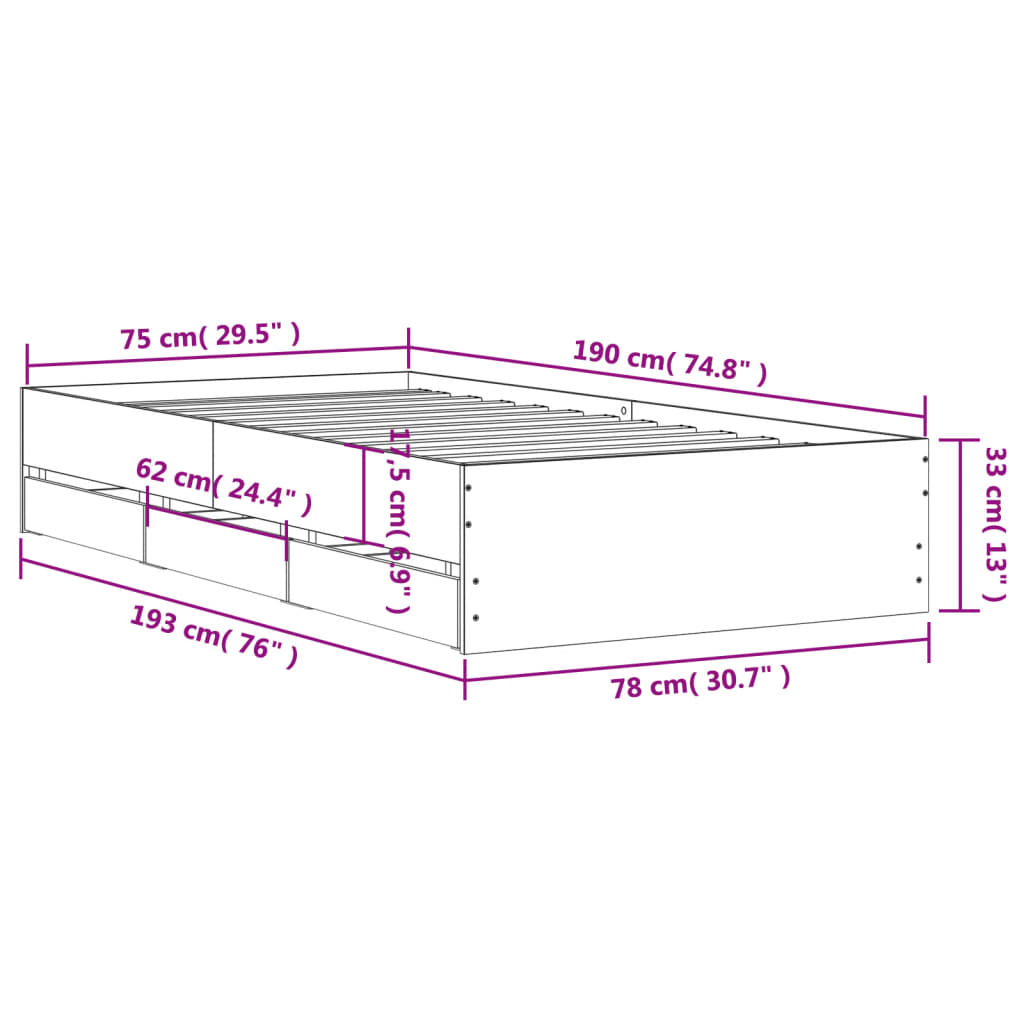 vidaXL Bedframe met lades bewerkt hout wit 75x190 cm