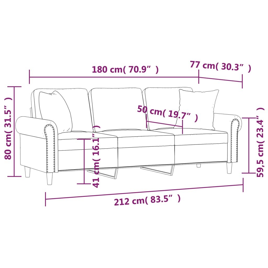 vidaXL Driezitsbank met sierkussens 180 cm fluweel zwart