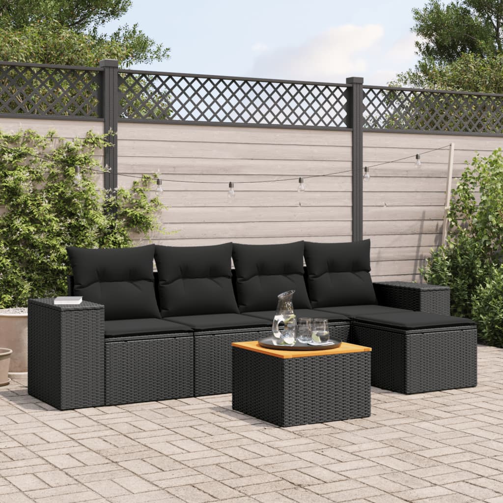 vidaXL 6-delige Loungeset met kussens poly rattan zwart