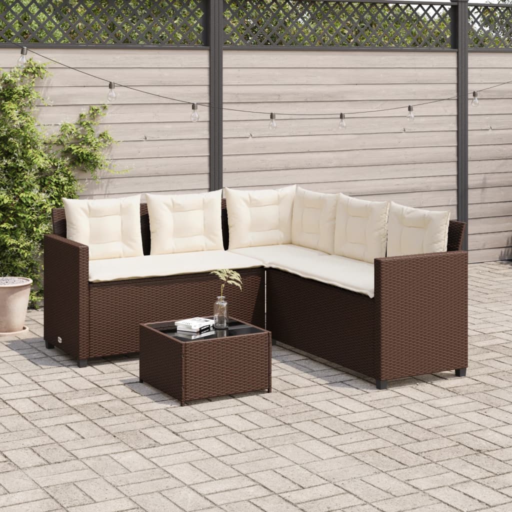 vidaXL Tuinbank met tafel en kussens L-vormig poly rattan bruin