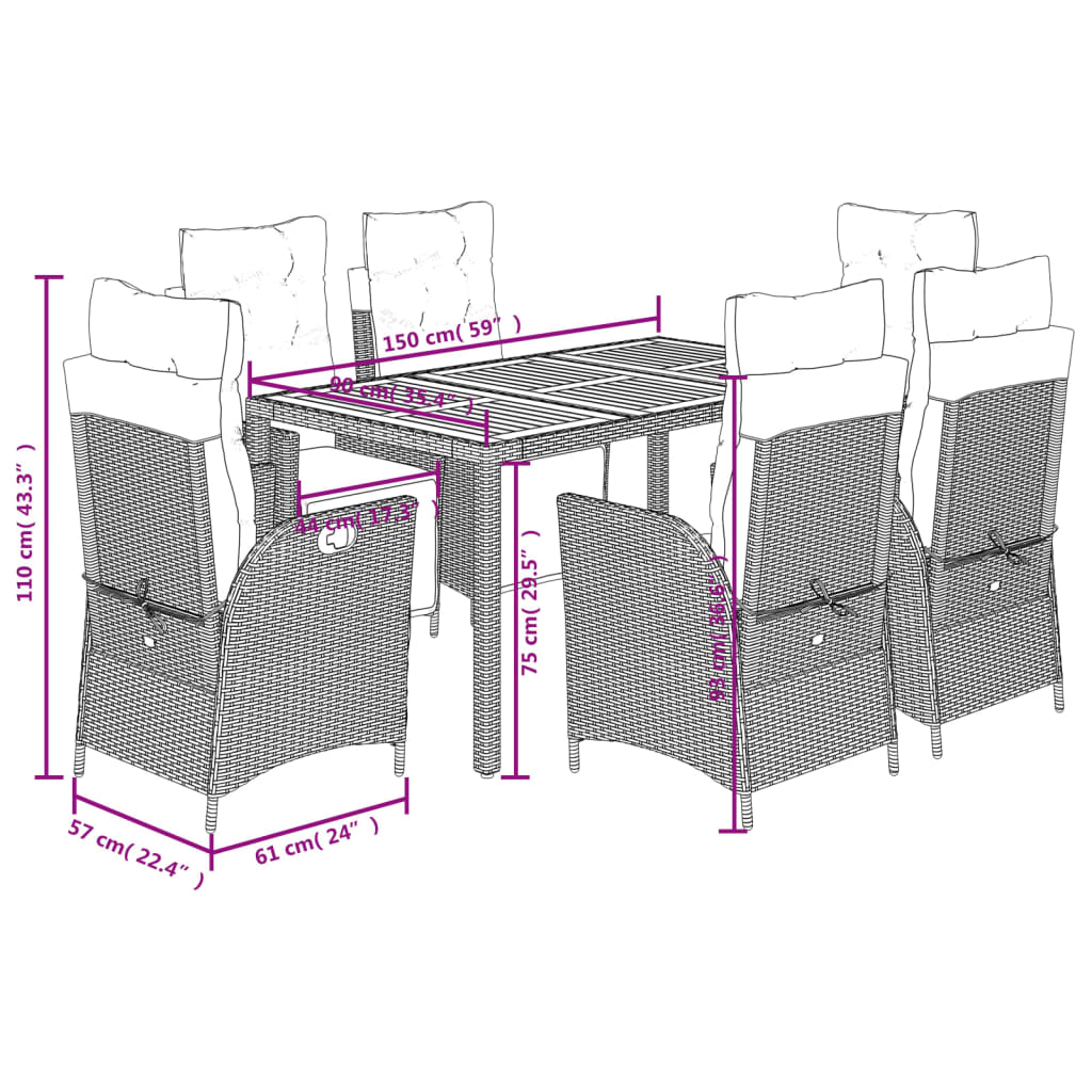 vidaXL 7-delige Tuinset met kussens poly rattan grijs