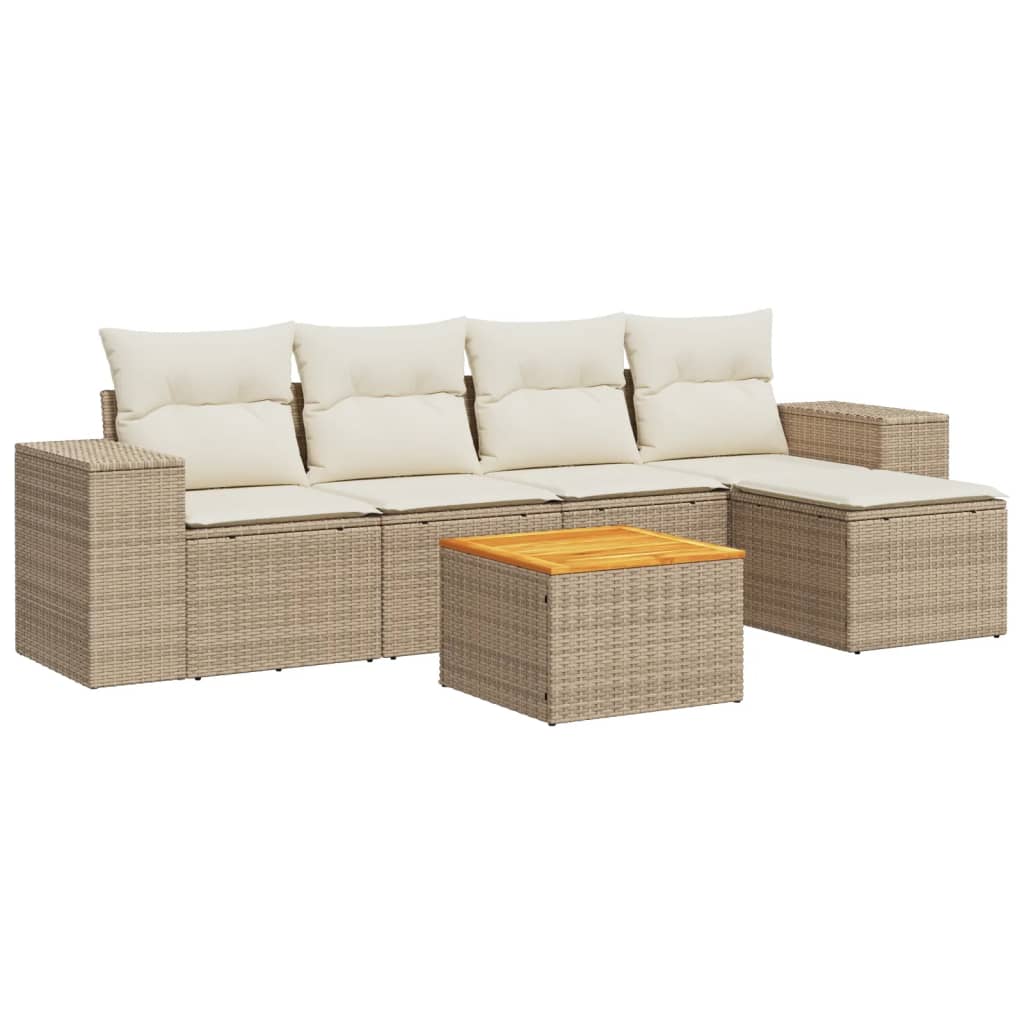 vidaXL 6-delige Loungeset met kussens poly rattan beige