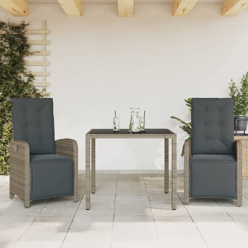 vidaXL 3-delige Bistroset met kussens poly rattan grijs