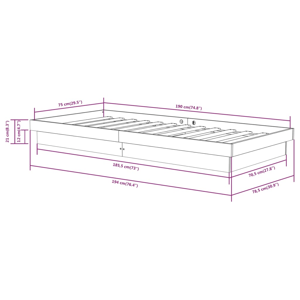 vidaXL Bedframe massief hout 75x190 cm