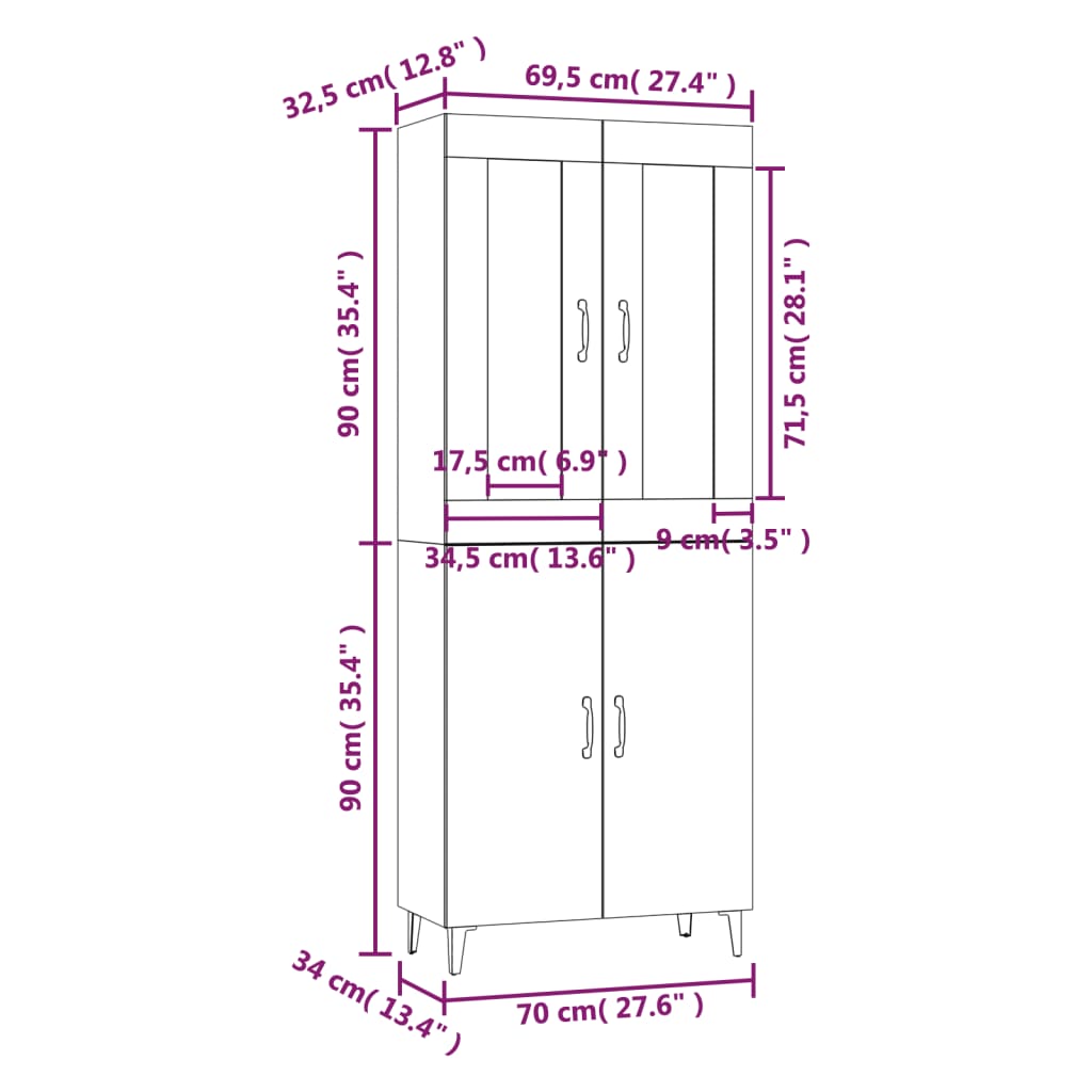 vidaXL Hoge kast 70x34x180 cm bewerkt hout hoogglans wit