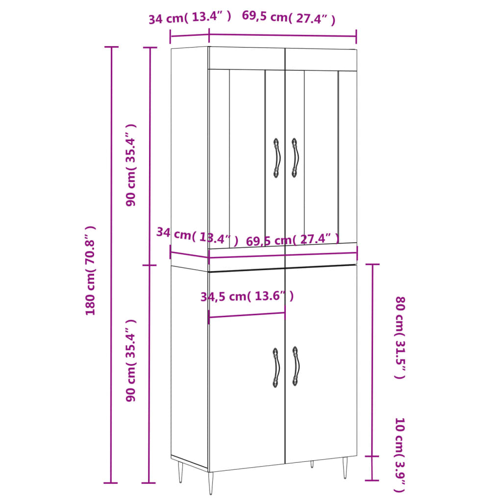 vidaXL Hoge kast 69,5x34x180 cm bewerkt hout gerookt eikenkleurig