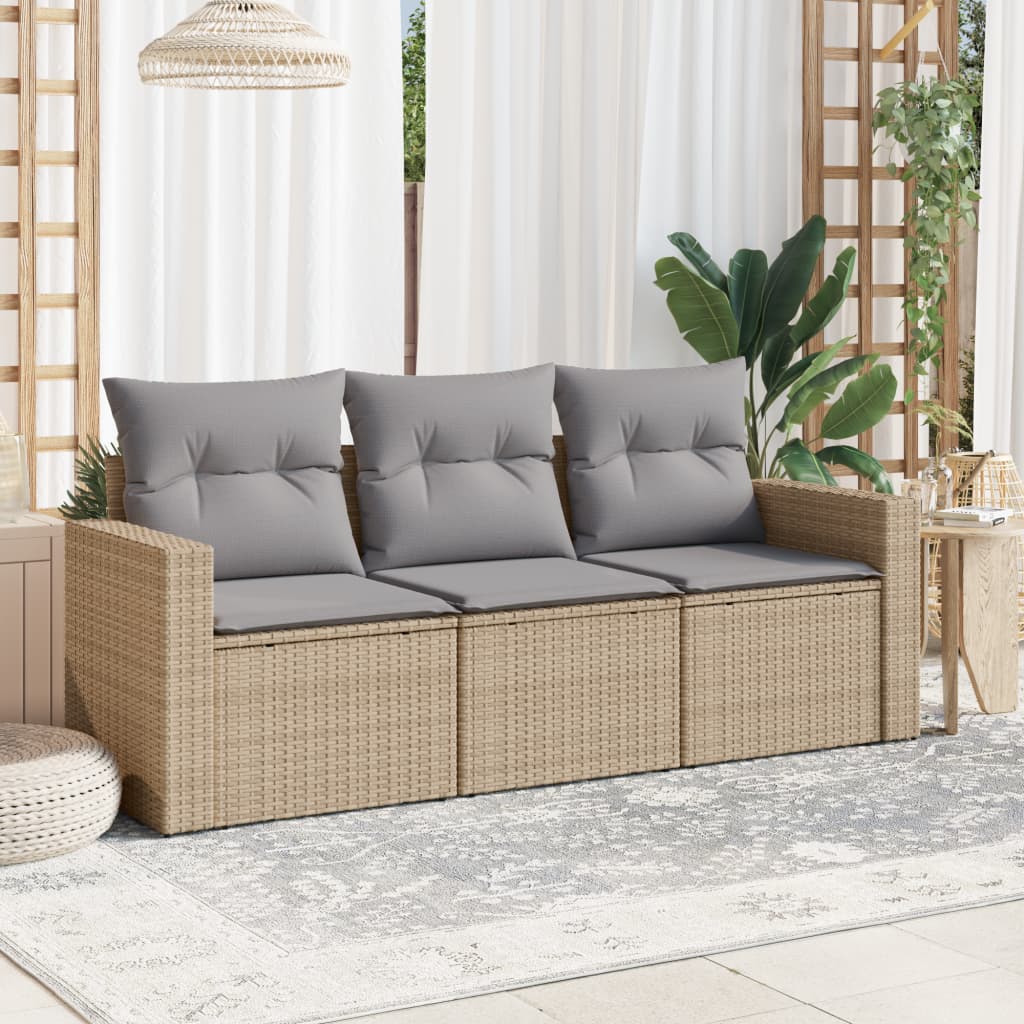 vidaXL 3-delige Loungeset met kussens poly rattan beige