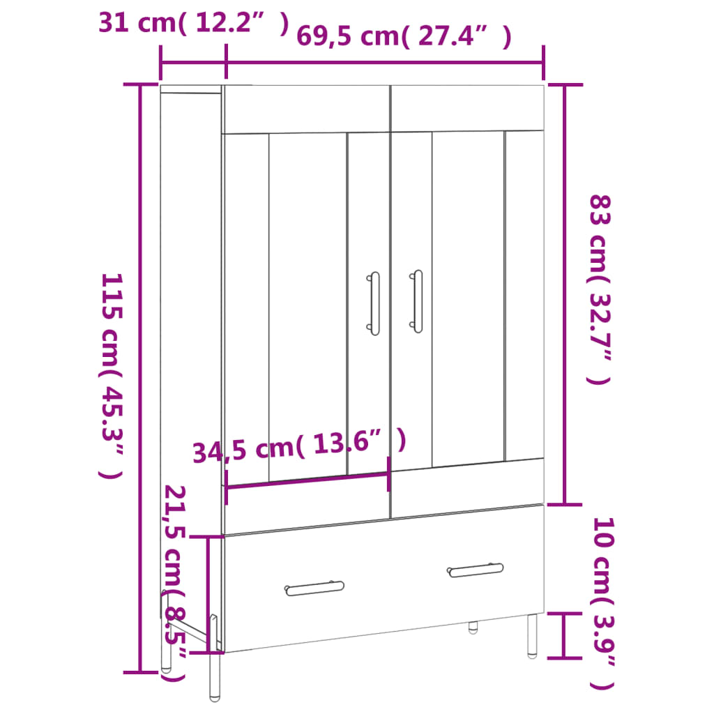 vidaXL Hoge kast 69,5x31x115 cm bewerkt hout bruin eikenkleur