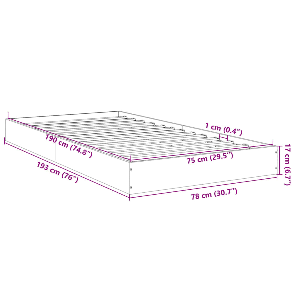 vidaXL Bedframe bewerkt hout grijs sonoma eikenkleurig 75x190 cm