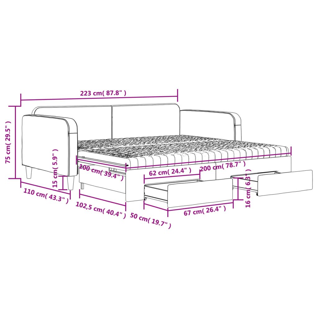 vidaXL Slaapbank met onderschuifbed en lades 100x200 cm stof zwart