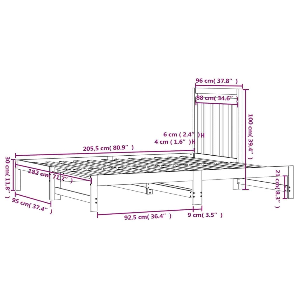 vidaXL Slaapbank uitschuifbaar massief grenenhout zwart 2x(90x200) cm