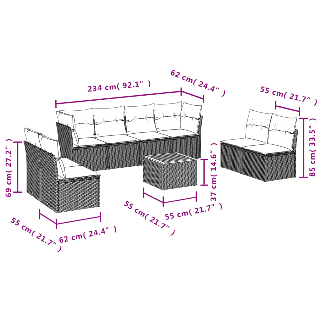 vidaXL 9-delige Loungeset met kussens poly rattan zwart