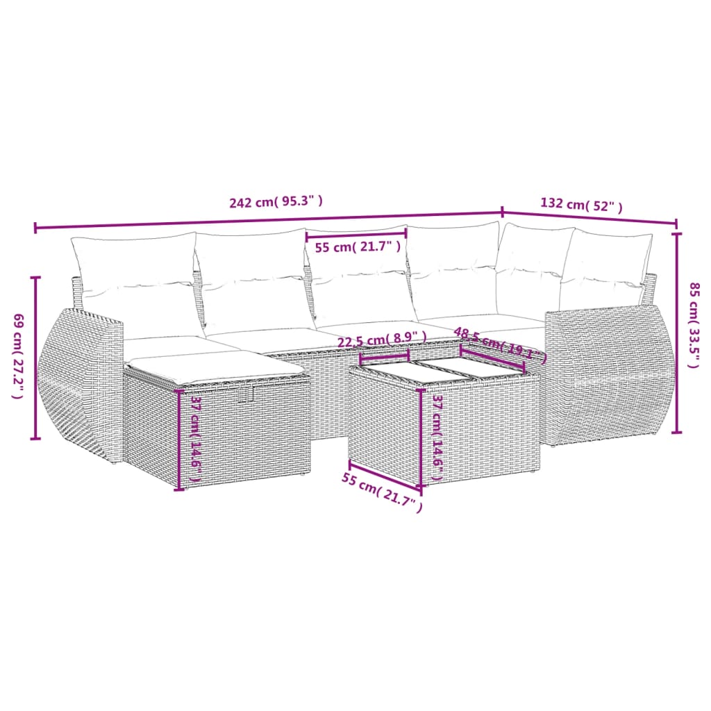 vidaXL 7-delige Loungeset met kussens poly rattan zwart