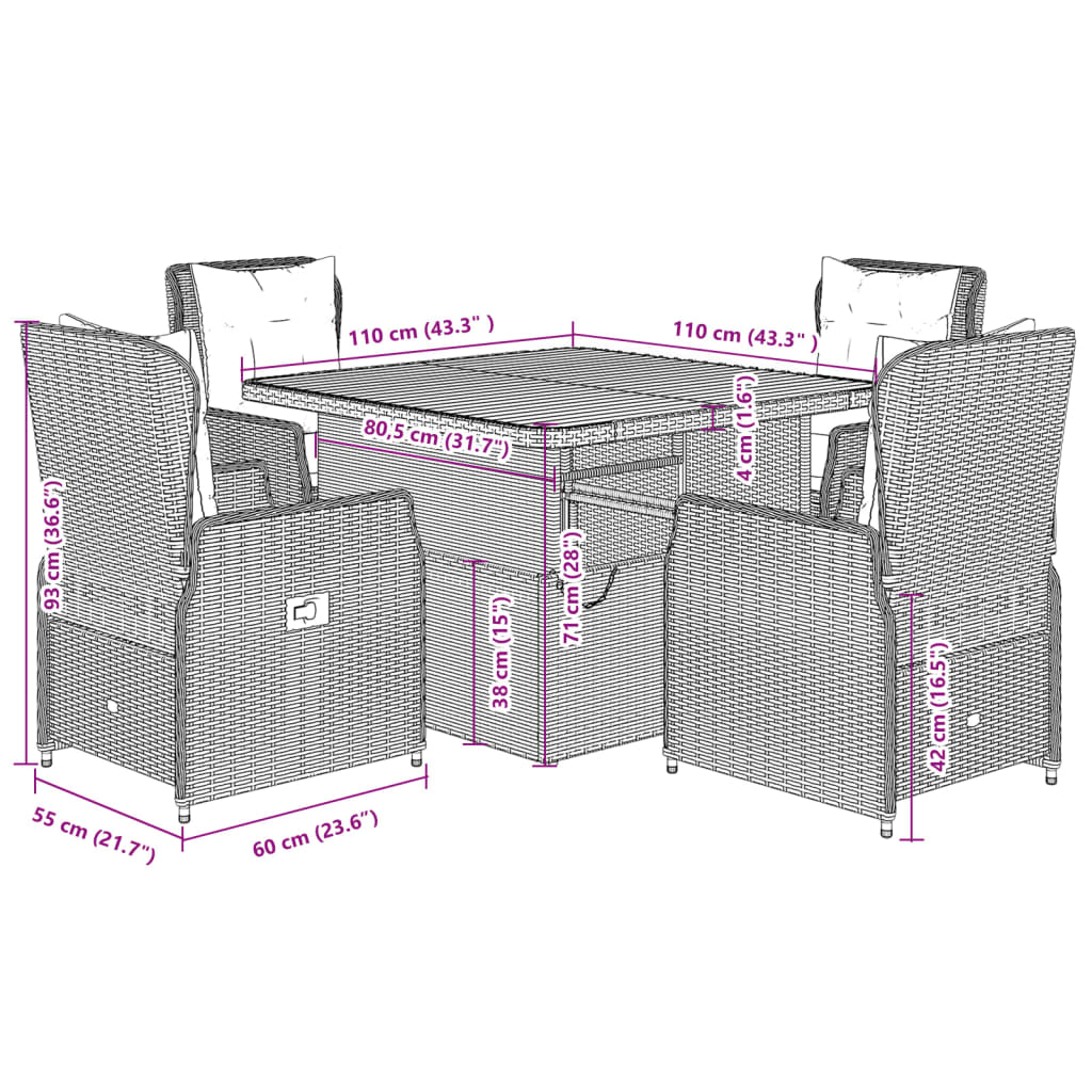 vidaXL 5-delige Tuinset met kussens poly rattan zwart