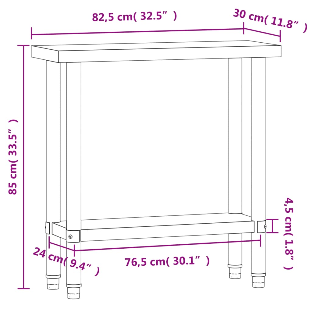 vidaXL Keukenwerktafel 82,5x30x85 cm roestvrij staal