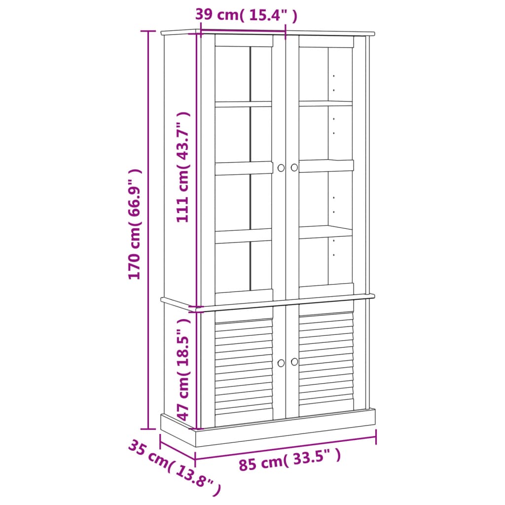 vidaXL Vitrinekast VIGO 85x35x170 cm massief grenenhout grijs