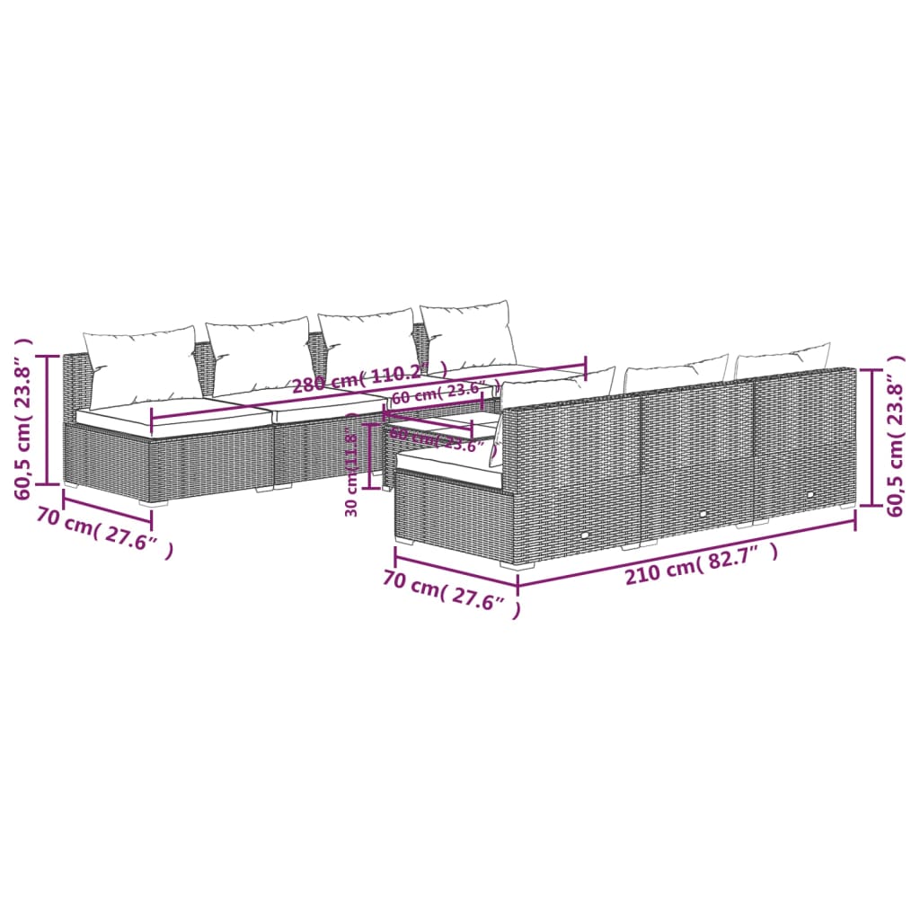 vidaXL 8-delige Loungeset met kussens poly rattan zwart