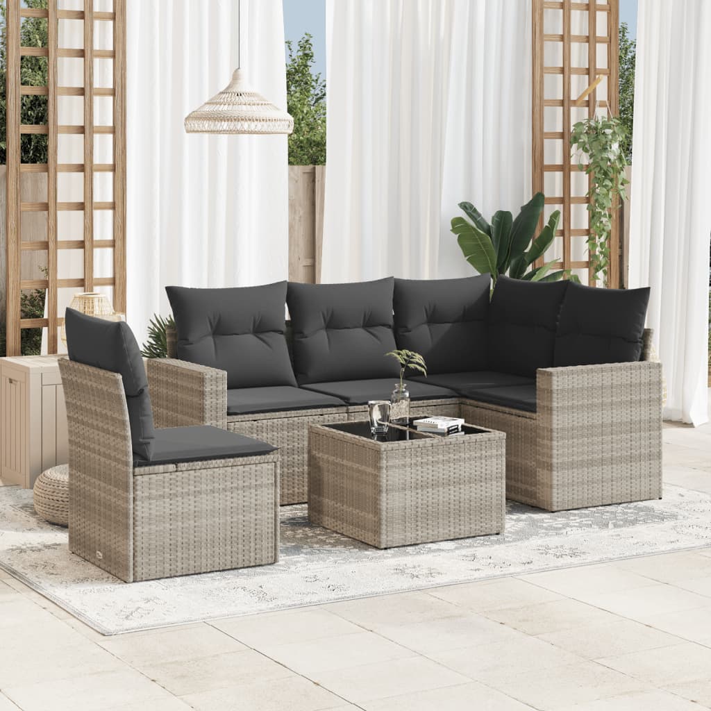 vidaXL 6-delige Loungeset met kussens poly rattan lichtgrijs