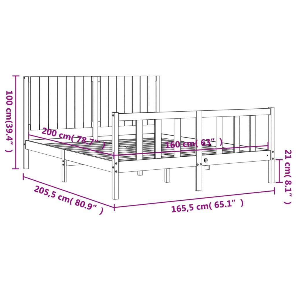 vidaXL Bedframe met hoofdbord massief hout 160x200 cm