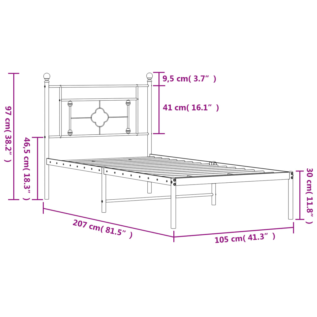 vidaXL Bedframe met hoofdbord metaal zwart 100x200 cm