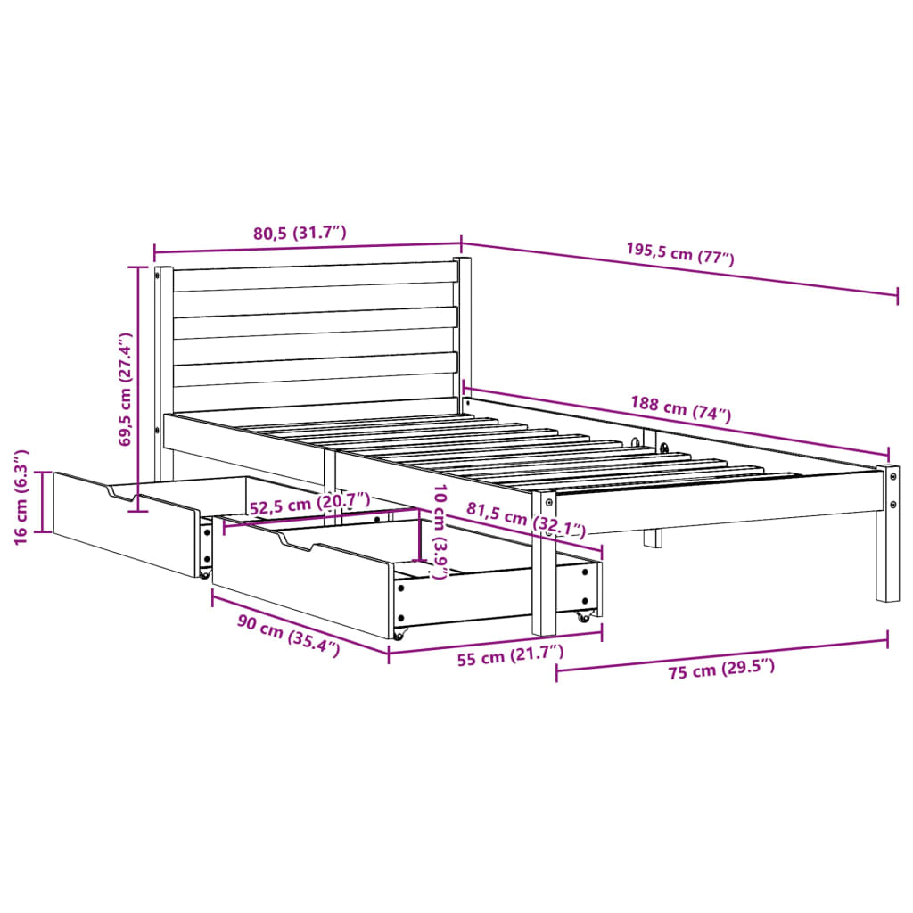 vidaXL Bedframe zonder matras massief grenenhout wit 75x190 cm