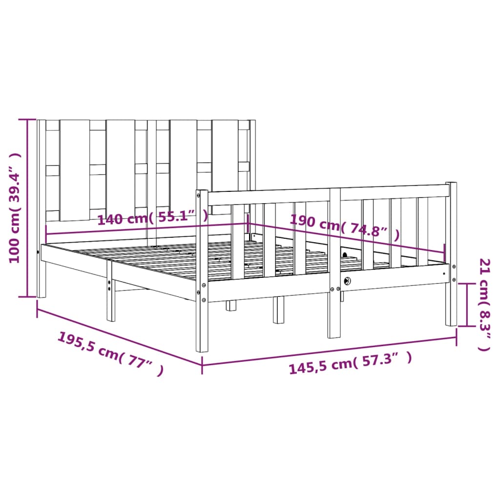 vidaXL Bedframe met hoofdbord massief hout wit 140x190 cm