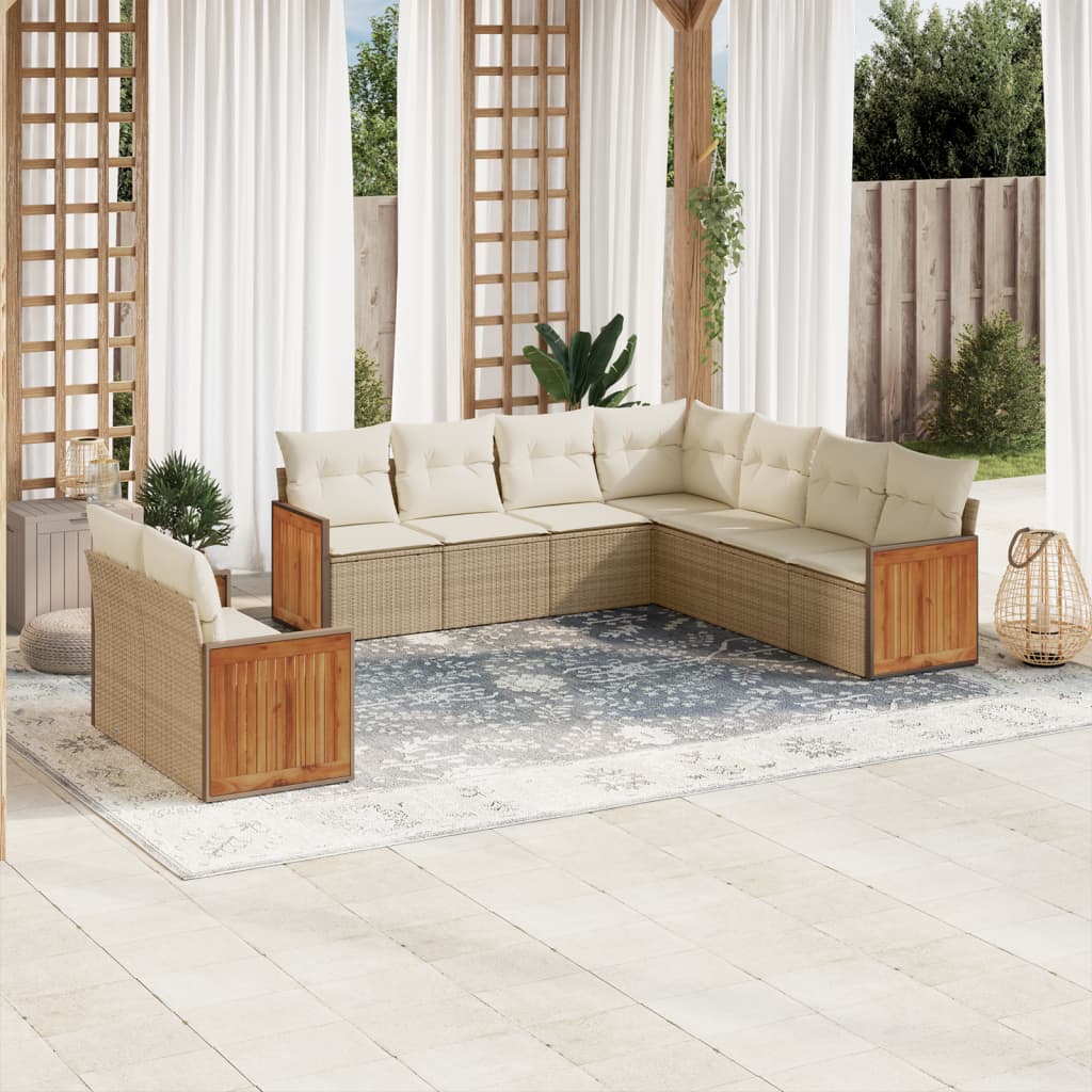 vidaXL 9-delige Loungeset met kussens poly rattan beige