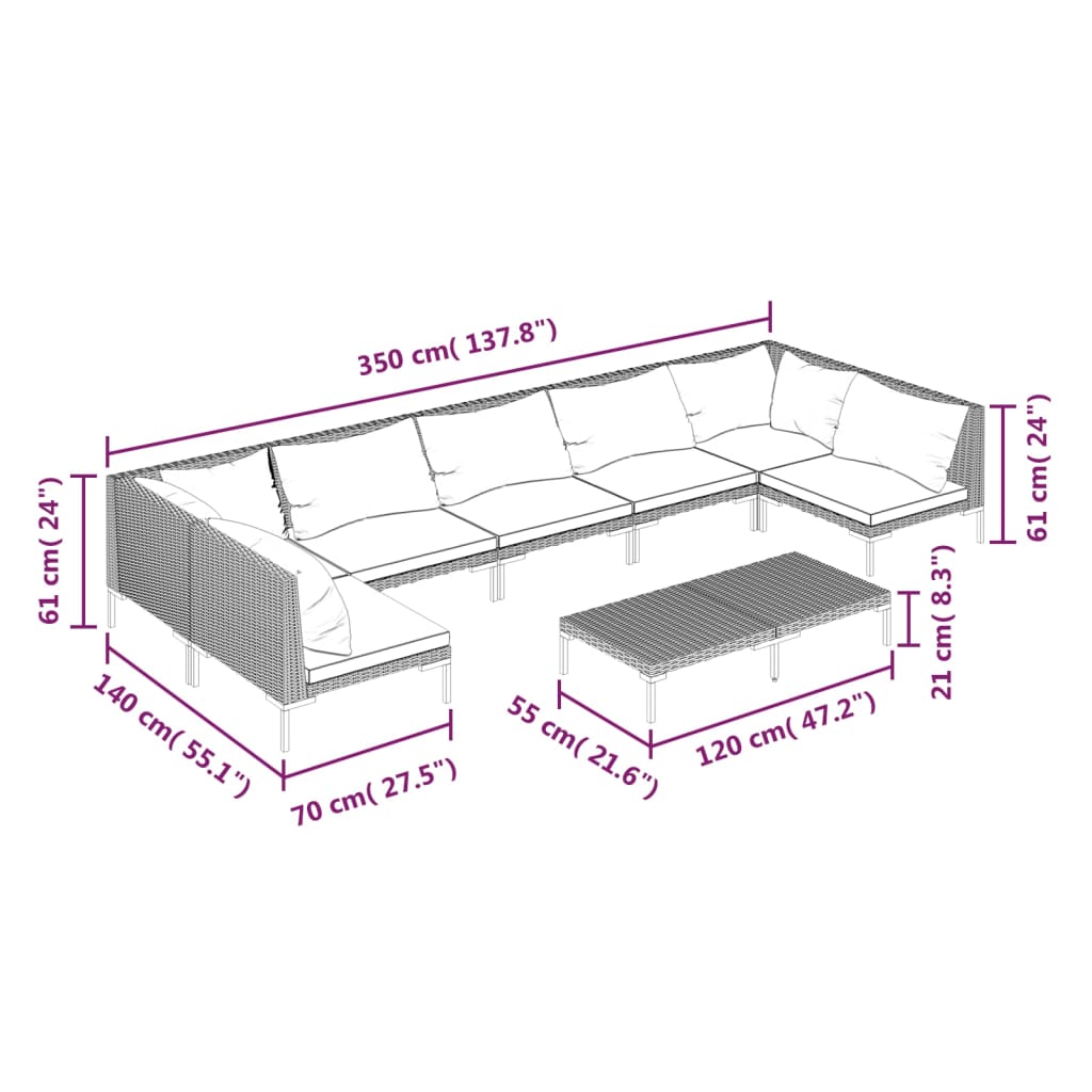 vidaXL 8-delige Loungeset met kussens poly rattan donkergrijs