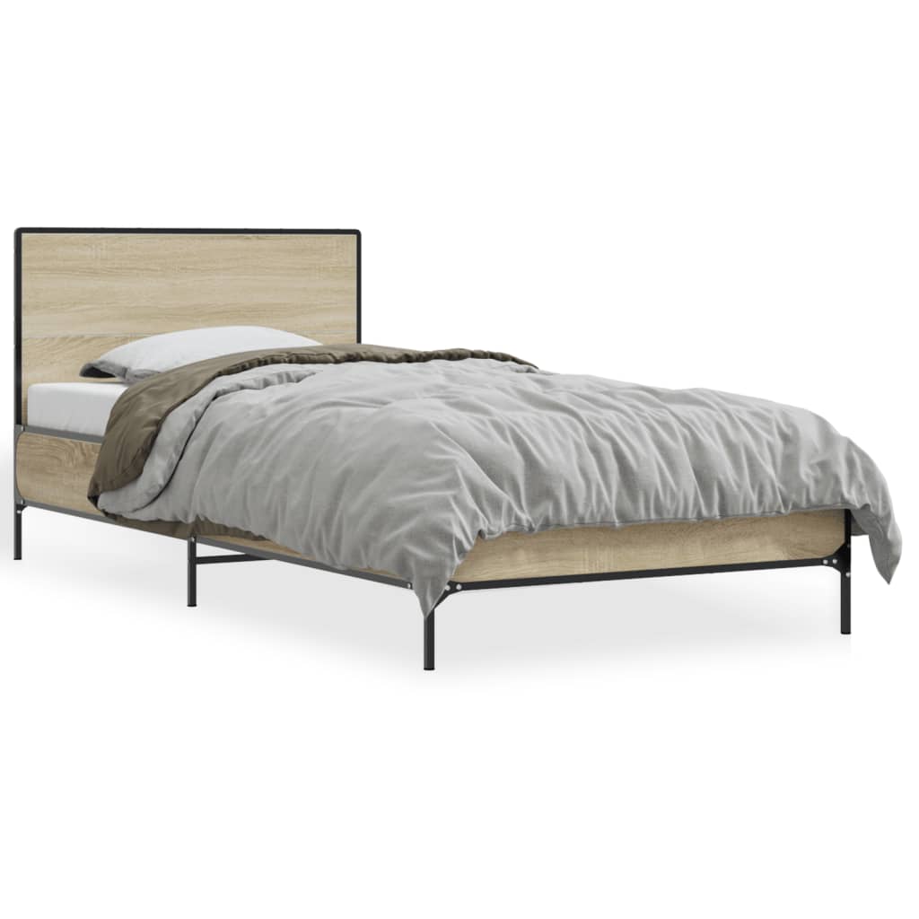 vidaXL Bedframe bewerkt hout en metaal sonoma eikenkleurig 75x190 cm