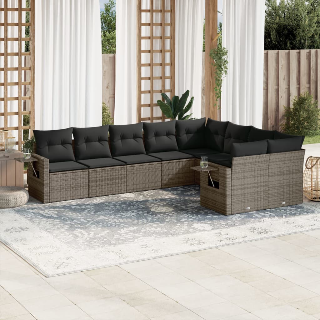 vidaXL 9-delige Loungeset met kussens poly rattan grijs