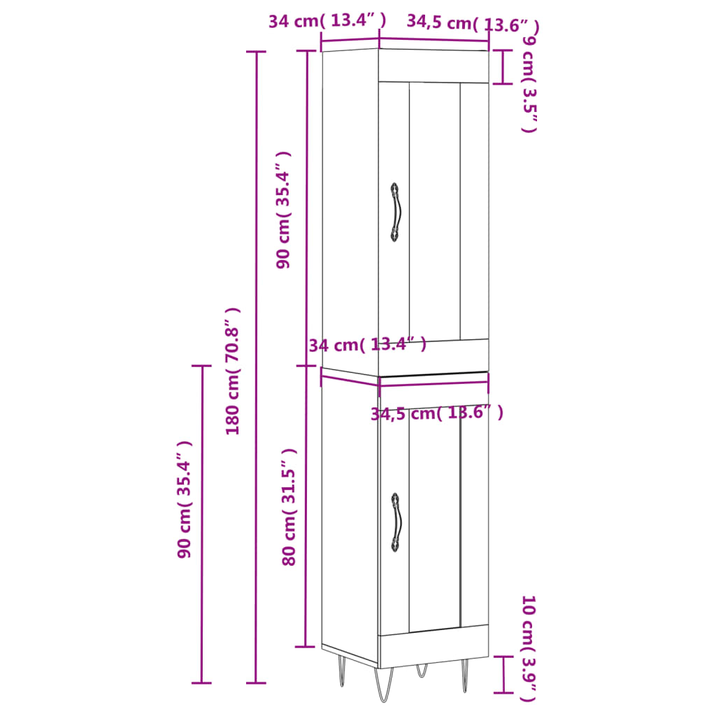 vidaXL Hoge kast 34,5x34x180 cm bewerkt hout zwart