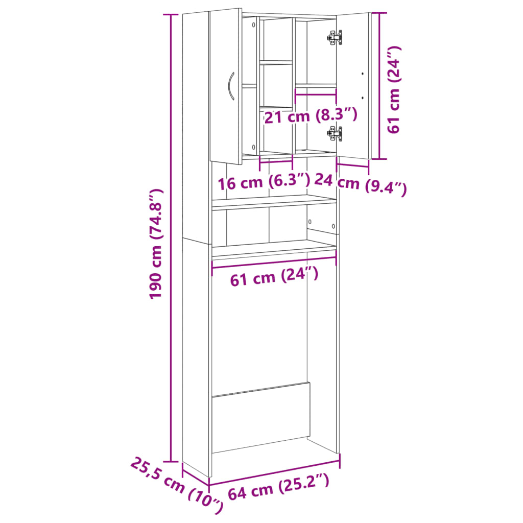 vidaXL Wasmachinekast 64x25,5x190 cm sonoma eikenkleurig