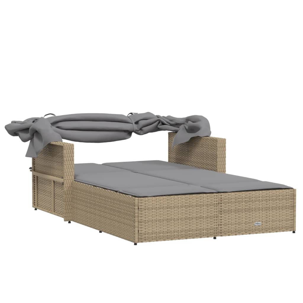 vidaXL Ligbed 2-persoons luifel en kussens poly rattan gemengd beige