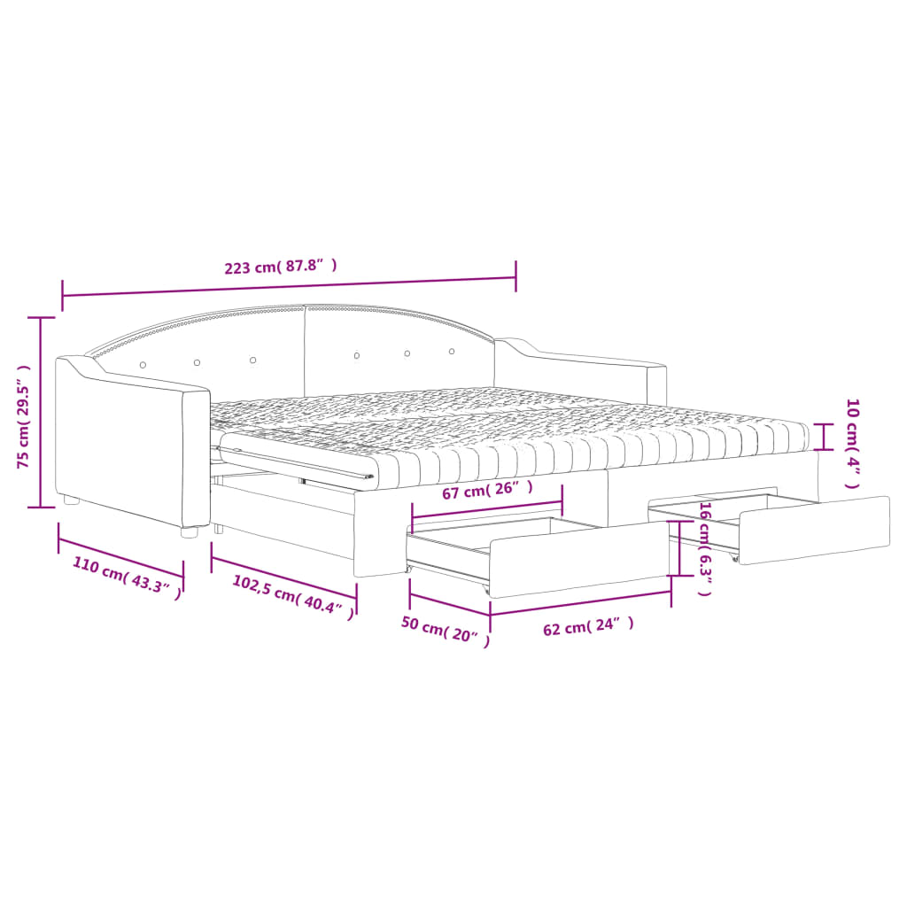 vidaXL Slaapbank met onderschuifbed en lades 100x200 cm stof crème