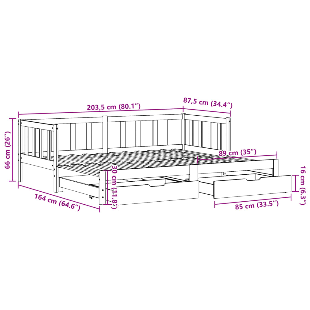 vidaXL Slaapbank met onderschuifbed en lades 80x200 cm grenenhout wit