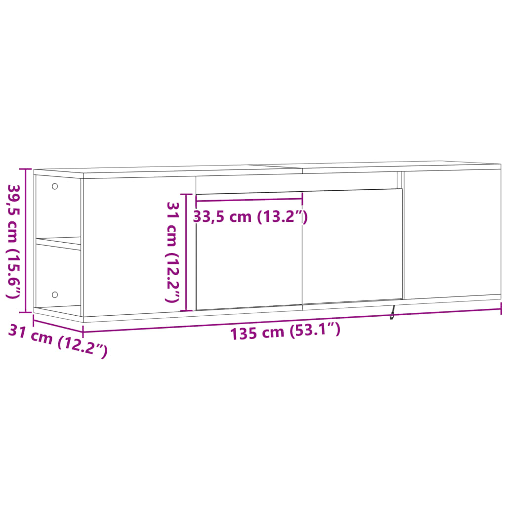 vidaXL Tv-wandmeubel met LED-verlichting 135x31x39,5 cm betongrijs