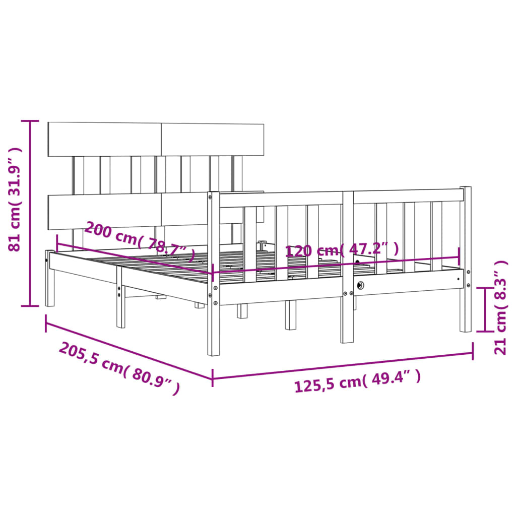 vidaXL Bedframe met hoofdbord massief hout wit 120x200 cm