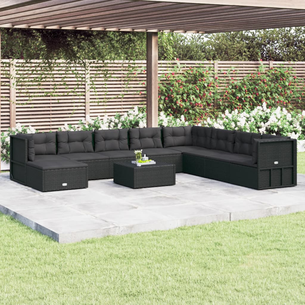 vidaXL 9-delige Loungeset met kussens poly rattan zwart