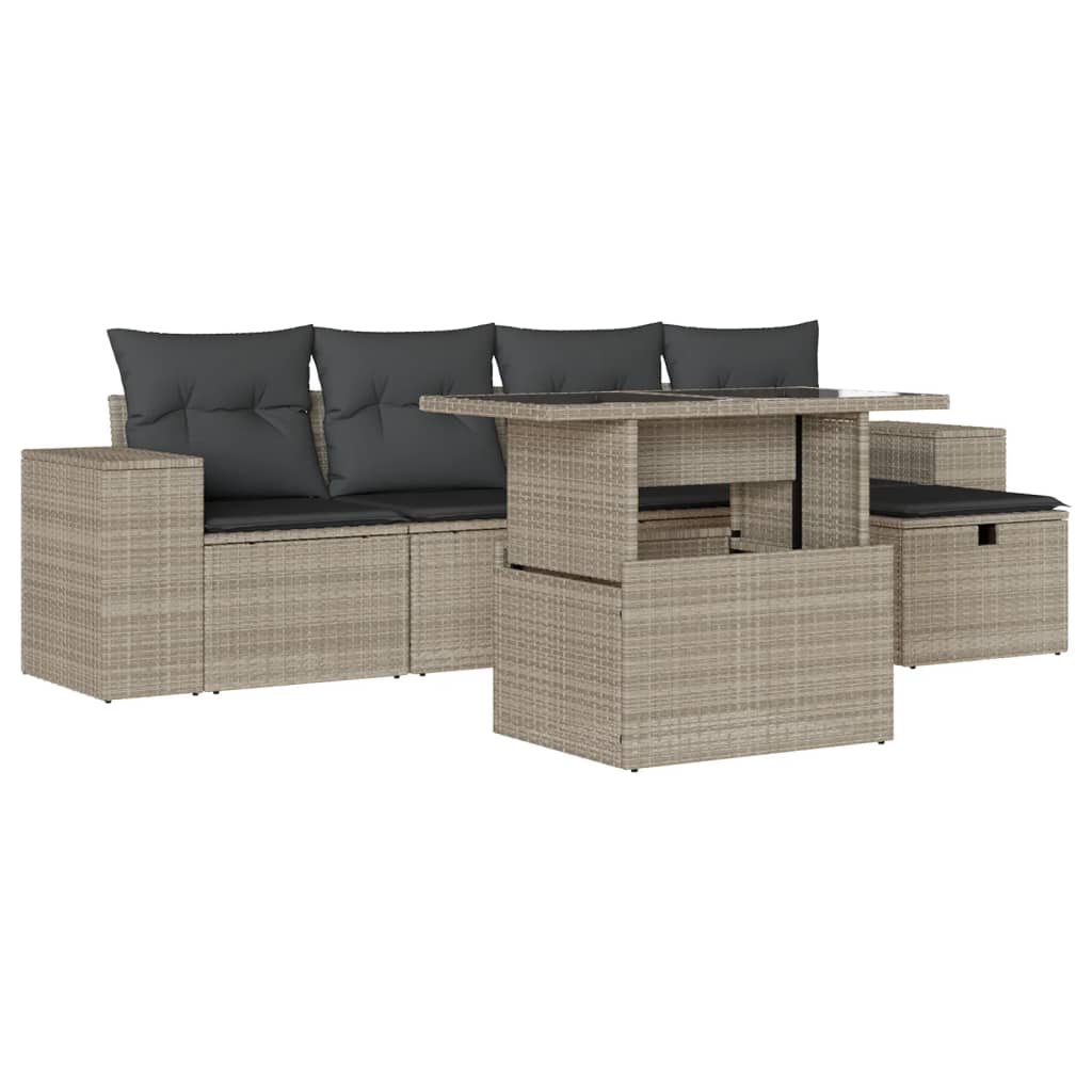 vidaXL 6-delige Loungeset met kussens poly rattan lichtgrijs