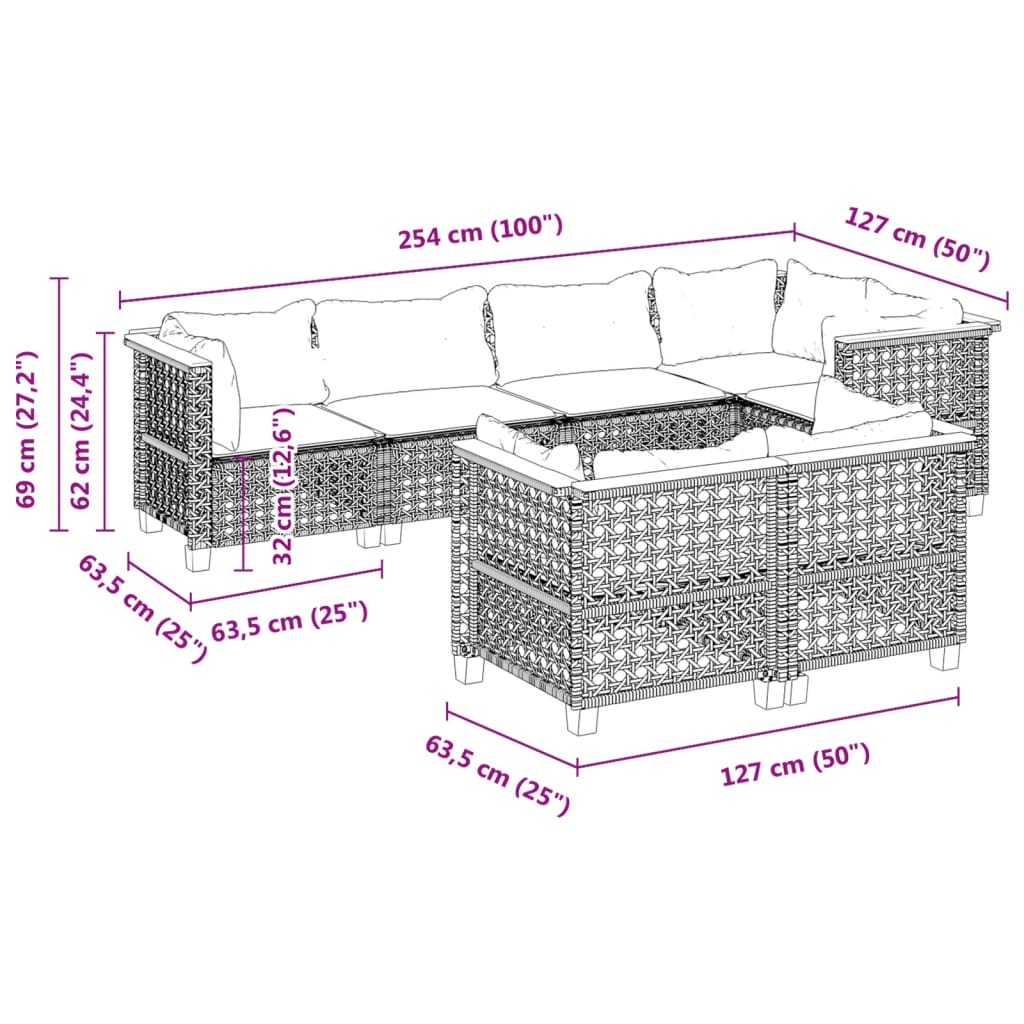 vidaXL 7-delige Loungeset met kussens poly rattan zwart