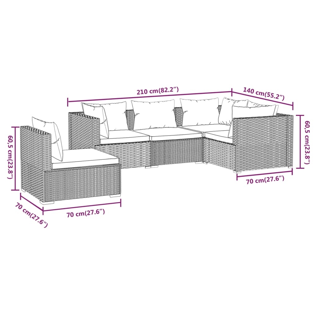 vidaXL 5-delige Loungeset met kussens poly rattan bruin