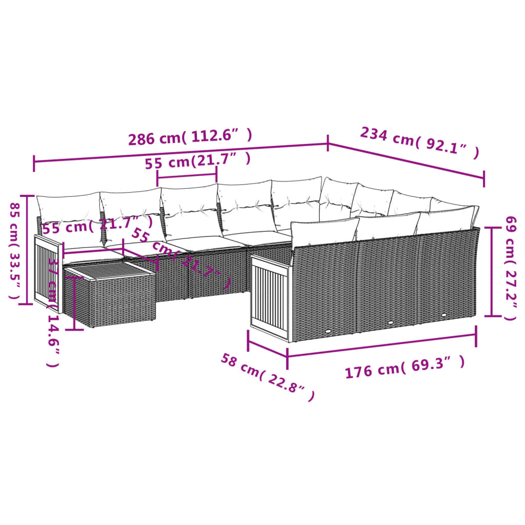 vidaXL 11-delige Loungeset met kussens poly rattan grijs