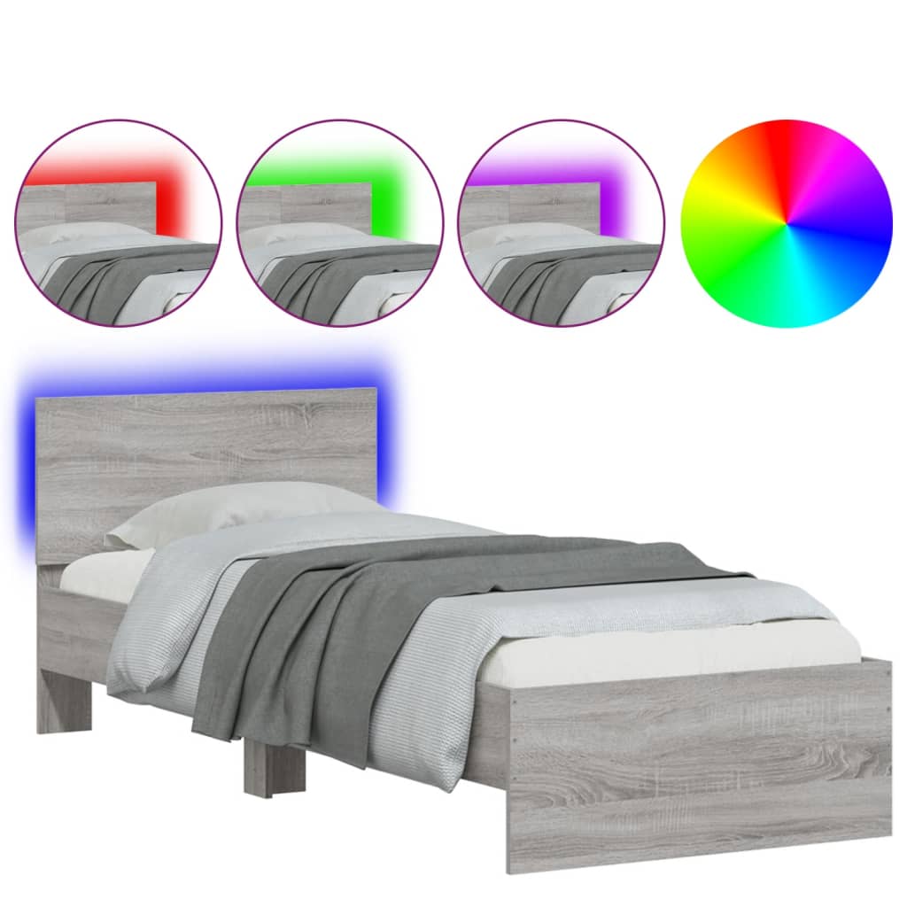 vidaXL Bedframe met hoofdbord en LED grijs sonoma eikenkleur 90x200 cm